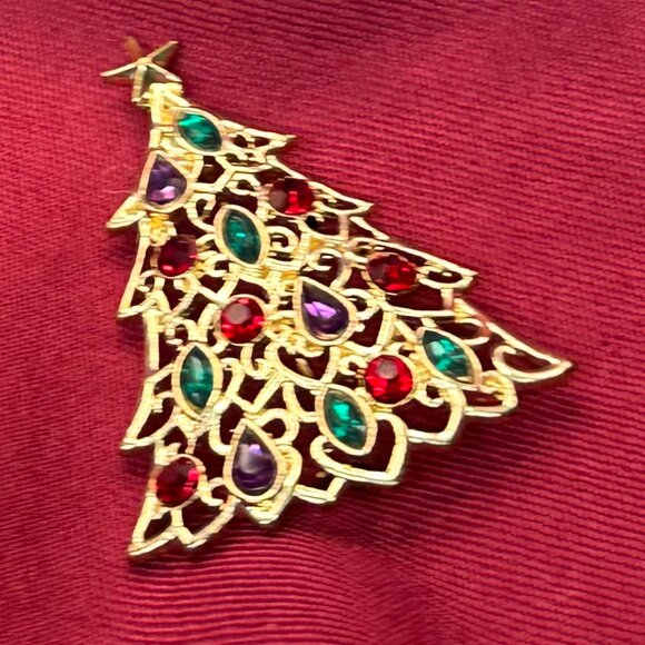 VTG Liz Claiborne “A Christmas to Remember” Gold-Tone & Crystal Tree Brooch - Picture 8 of 9